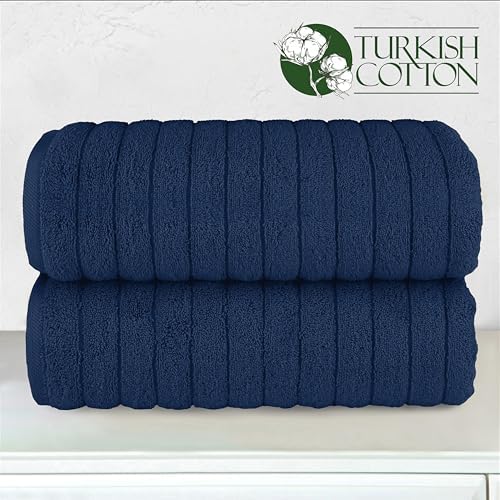 Elegant Comfort 100% Turkish Cotton Corduroy Ribbed Luxury Soft 2 Pack Bath Towels 27 x 54 Inch - Ultra Plush, Absorbent, Quick Dry, Hotel Spa Quality Towels for Bathroom Essentials, Navy