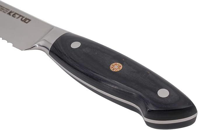 Ketuo Professional Chef Knife Damascus Carbon Steel with Laser Pattern Blade and Black Pakka Wood (8 Inch Bread Knife)