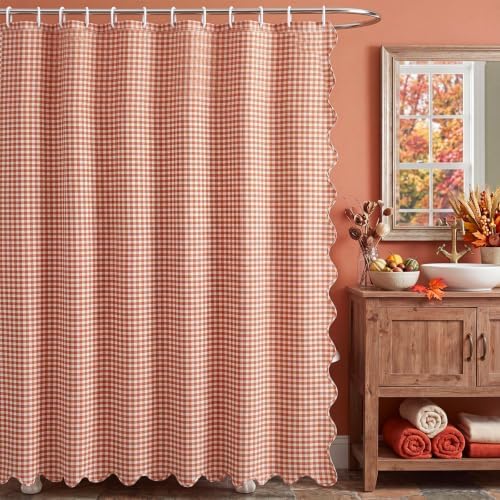 HunnmingRe Scalloped Gingham Shower Curtain Orange