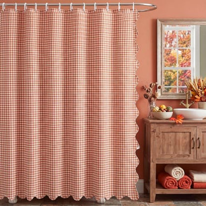 HunnmingRe Scalloped Gingham Shower Curtain Orange