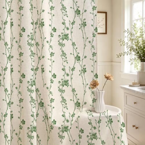 Gibelle Green Farmhouse Linen Shower Curtain, Boho Floral Fabric, 72 x 84