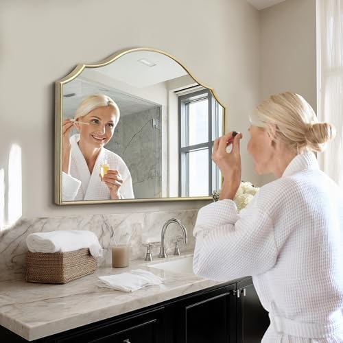 Besdomus Gold Wooden Vanity Mirror: 32"x24" Bathroom Mirrors for Over Sink