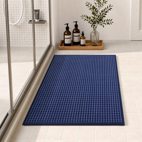 tchdio Bath Mat, Absorbent Bathroom Mat Quick Dry, Thin Bathroom Rugs Fit Under Door, Non Slip Washable Bath Rugs with Solid Rubber Backing, Low Profile Bath Mats for Bathroom, Blue, 20" x 32"