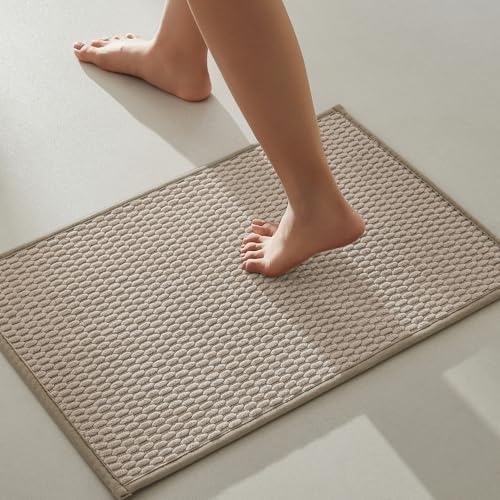 TYUU Bathroom Rugs Non Slip Washable, Super Absorbent Thin Bath Mat Small Quick Dry Low Pile Bathroom Rug, Beige 16"x24"