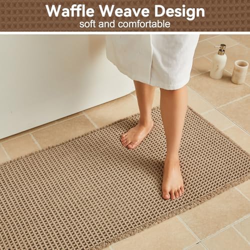 Triohero Waffle Bath Mat, Small Boho Bathroom Rugs Non Slip 16x24 Beige