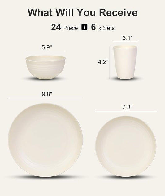 Quatish 24 Piece Plates and Bowls Sets for 6, Unbreakable Dinnerware Sets, Dish Set for Camping, Dishwasher Microwave Safe, Outdoor Kitchen and Apartment Dinning RV Essentials, Beige