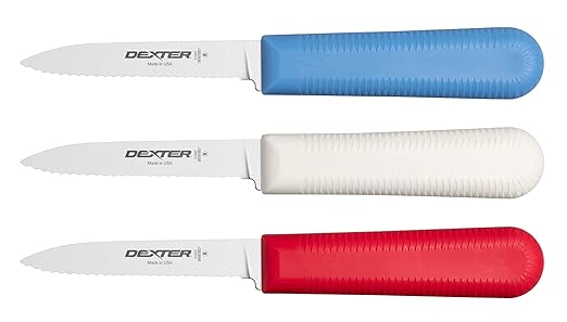 Dexter Russell S104SC-3RWC Sani-Safe 15423 Paring Knife Set, 3-1/4" Scalloped Edge DEXSTEEL High Carbon Stain-Free Steel Blade, Non-Slip Red, White and Blue Polypropylene Handles, 3 Pack, Made in USA
