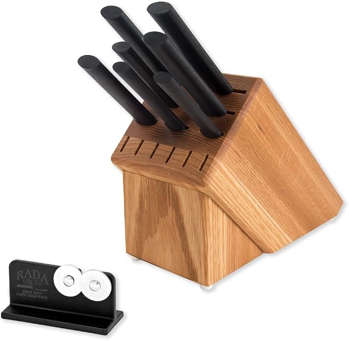 Rada Cutlery Essential Oak Block Set (G258) with Quick Edge Sharpener (R119), 8-Piece Block Knife Set and Knife Sharpener, Stainless Steel Blades, Black Handle
