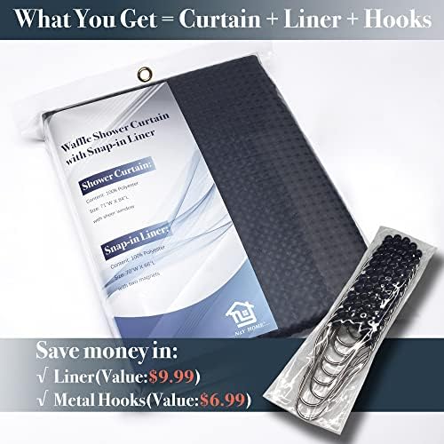 N&Y HOME Extra Long Waffle Shower Curtain with Snap-in Liner Navy, 71x84