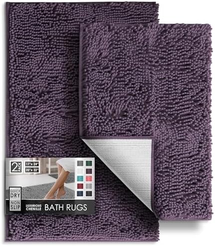 Hearth & Harbor Bathroom Rugs, Chenille Bath Mat - Machine Washable Bath Mats for Bathroom Non-Slip Backing Rubber, Quick Dry Bathroom Mat