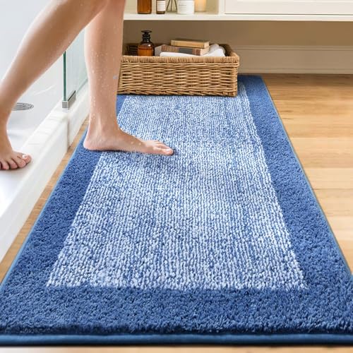 60x24 Long Bathroom Rugs Non Slip Washable, Soft Absorbent Bath Mat Blue