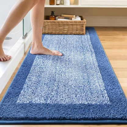 60x24 Long Bathroom Rugs Non Slip Washable, Soft Absorbent Bath Mat Blue