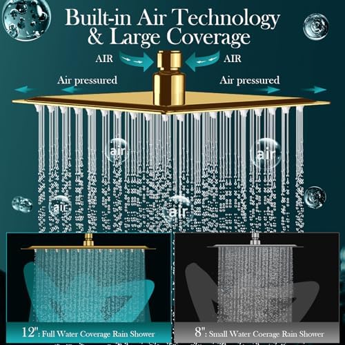 12'' Gold Rain Shower Head with 16” Extension Arm and 5 Setting Handheld