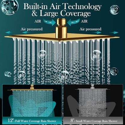 12'' Gold Rain Shower Head with 16” Extension Arm and 5 Setting Handheld