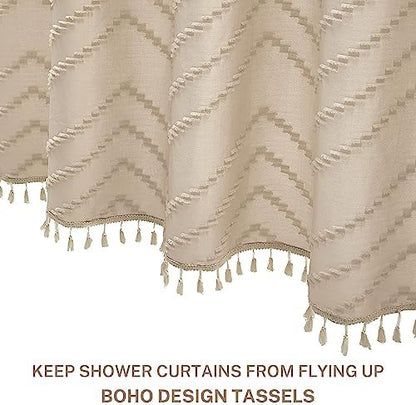 Siiluminisoy Extra Long Farmhouse Boho Chevron Shower Curtain, Woven Fabric 96 in Beige Shower Curtain, 72 x 96, Tufted Striped, Modern Chic Textured Shower Curtain Set Minimalist Bathroom Decor