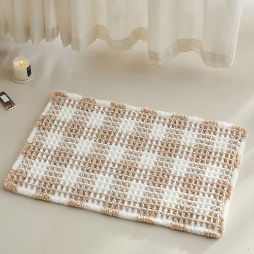 TYUU Waffle Bath Mat, Small Boho Bathroom Rugs Non Slip 24x16 Khaki & White