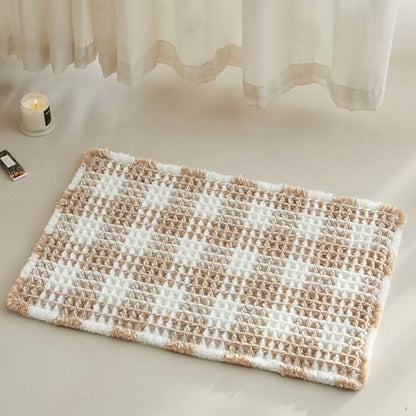 TYUU Waffle Bath Mat, Small Boho Bathroom Rugs Non Slip 24x16 Khaki & White