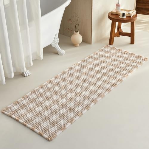TYUU Waffle Runner Rug Bathroom, Long Boho Bath Mat, 72x24 Khaki & White