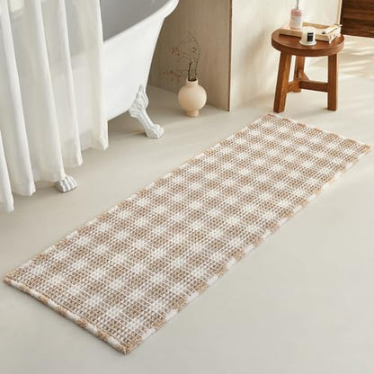 TYUU Waffle Runner Rug Bathroom, Long Boho Bath Mat, 72x24 Khaki & White