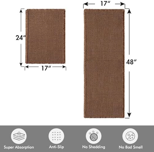 MIULEE Set of 2 Waffle Bathroom Rugs Boho Bath Mat Mocha 17"x24"+17"x48"