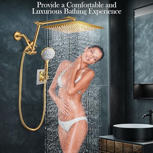 12'' Gold Rain Shower Head with 16” Extension Arm and 5 Setting Handheld