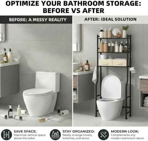 GloTika 3-Tier Over Toilet Storage, Anti-Tilt, 64" H, Black, 2 Baskets