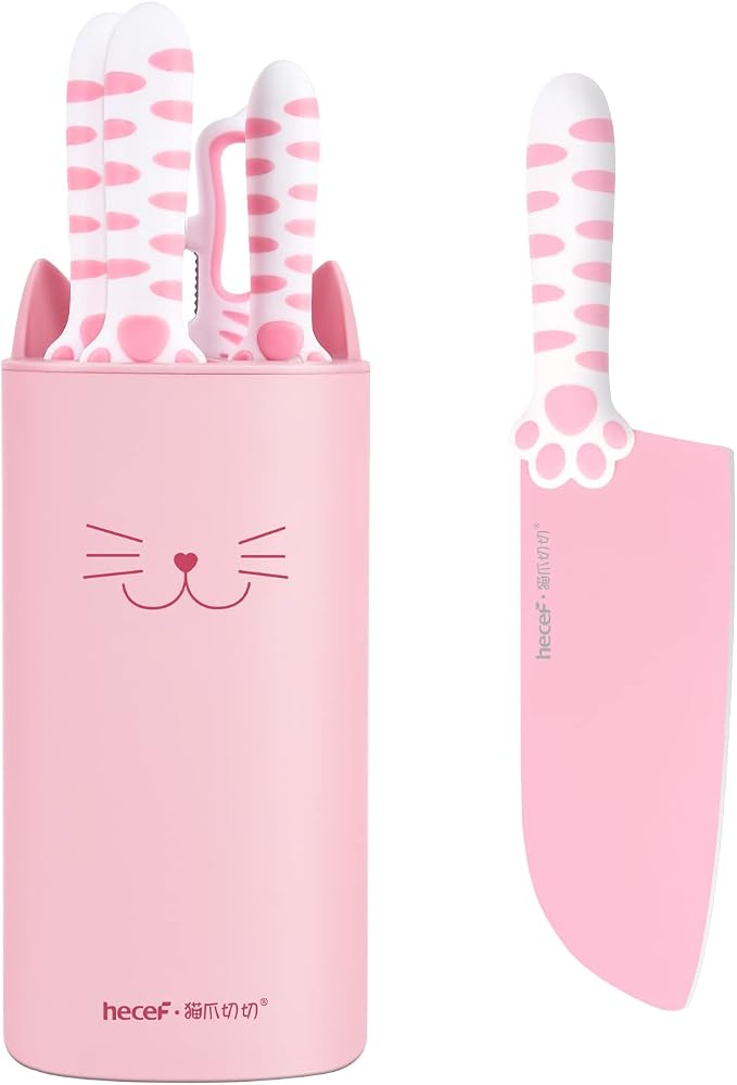 hecef Cute Kitchen Knife Set, Dishwasher Safe, 5-piece Non-Stcik Knives Set with Detachable Block and Scissors,Sharp for Chopping, Slicing, Dicing and Cutting (Pink)