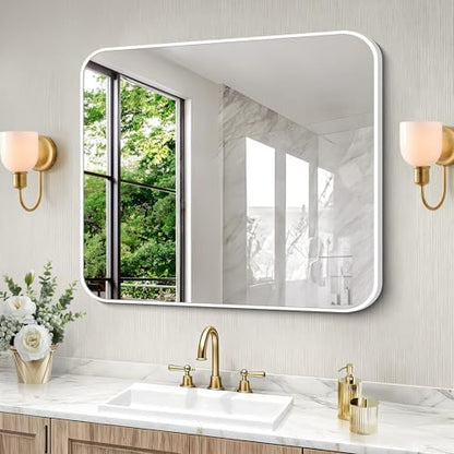 BONEWEI White Bathroom Mirror,30x36 inch Wall Mirror for Bathroom Wall Mounted,Rectangle Mirror for Bathroom Over Sink,Modern Frame Round Corner for Living Room,Bedroom Entryway,Horizontal/Vertical