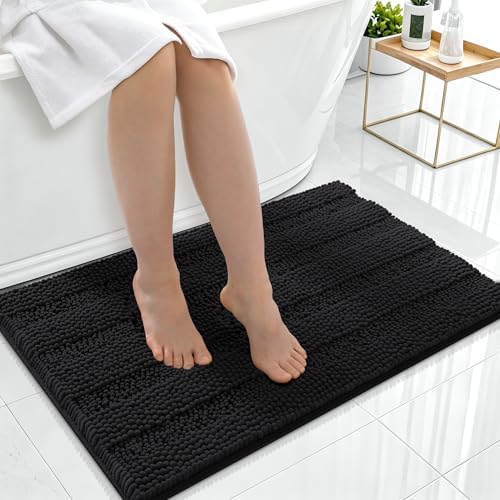 Smiry Thick Chenille Bathroom Rugs 36x24, Soft Absorbent Bath Mat, Black