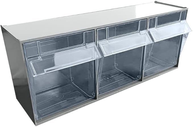 Storage Cabinet with 3 Tilt Out Bins | Horizontal Organizer for Closet, Kitchen, Garage, 23.6" W x 8.2" D x 9.4" H, Gray