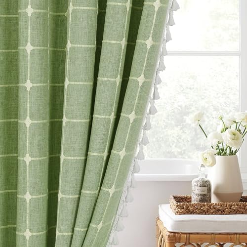 Boho Farmhouse Classic Plaid Linen Tassel Shower Curtain Sage Green,72x72