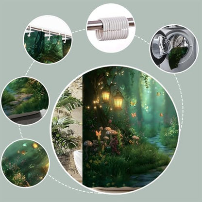 Fantasy Forest Path Shower Curtain Fairy Magical Enchanted Misty Jungle Mushroom Floral Tree Butterfly Lantern Wonderland Bath Curtain Fabric Bathroom Accessories Decor with Hooks 35W x70L