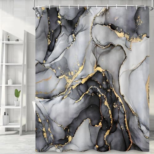 Black Marble Shower Curtain, Modern Abstract Luxury Black Gold Ink Texture Watercolor Art Bathroom Curtains Ombre Machine Washable Waterproof Fabric Bathtub Curtain Set with Hooks 72" Wx72 L