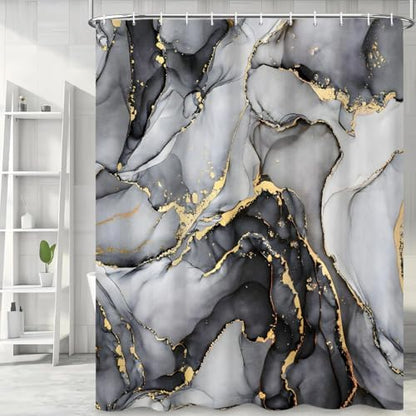 Black Marble Shower Curtain, Modern Abstract Luxury Black Gold Ink Texture Watercolor Art Bathroom Curtains Ombre Machine Washable Waterproof Fabric Bathtub Curtain Set with Hooks 66" Wx72 L