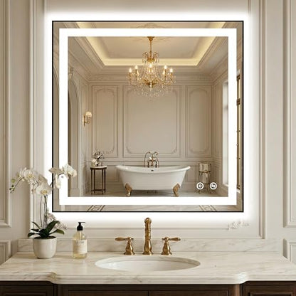 LED Bathroom Mirror with Lights, 30"x30" Black Framed Lighted Vanity Mirror