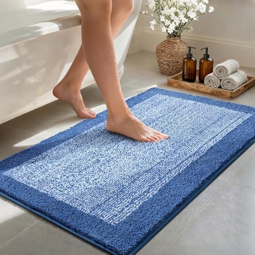 48x24 Long Bathroom Rugs Non Slip Washable, Soft Absorbent Bath Mat Blue