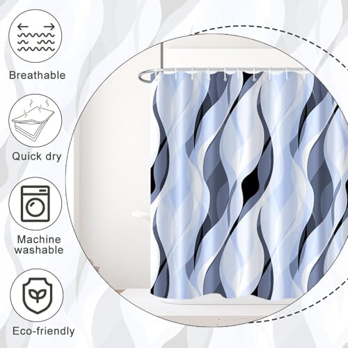 Sky Blue Striped Shower Curtain with Hooks for Bathroom 72x96 Inch