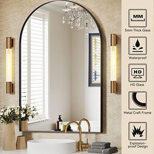Brightify Arched Mirror, Arched Wall Mirror, 24 x 36 Inch Black Arch Mirror, Metal Frame Black Bathroom Mirror, Arched Top Bathroom Vanity Mirror for Living Room Bedroom Mantel Entryway Hallways