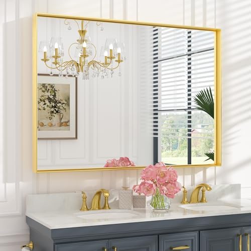 Keonjinn 48x36 Inch Gold Bathroom Mirror for Over Sink, Rectangular