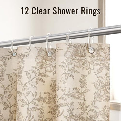 Farmhouse Beige Floral Shower Curtain with 12 Clear Rings 72"W x 72"L