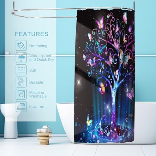 Shower Curtain Butterfly Tree, Shower Curtain for Bathroom, Fluorescence Tree Shower Curtain Sets with 12 Hooks Waterproof Polyester Fabric Machine Washable Home Office Farmhouse Decor Bath Curtains