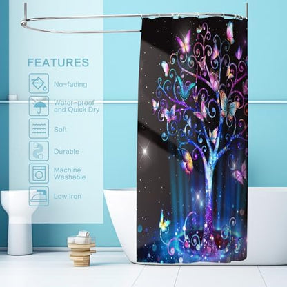 Shower Curtain Butterfly Tree, Shower Curtain for Bathroom, Fluorescence Tree Shower Curtain Sets with 12 Hooks Waterproof Polyester Fabric Machine Washable Home Office Farmhouse Decor Bath Curtains