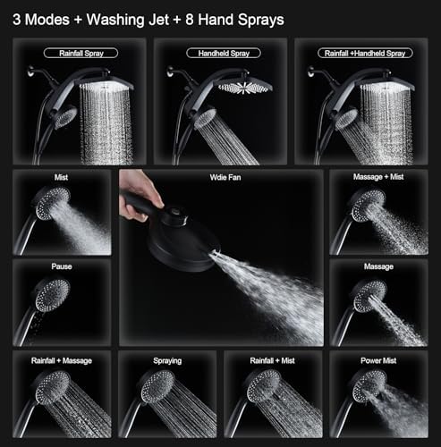 Rain Shower Head with Handheld Showerhead, Black 1.8GPM 460311