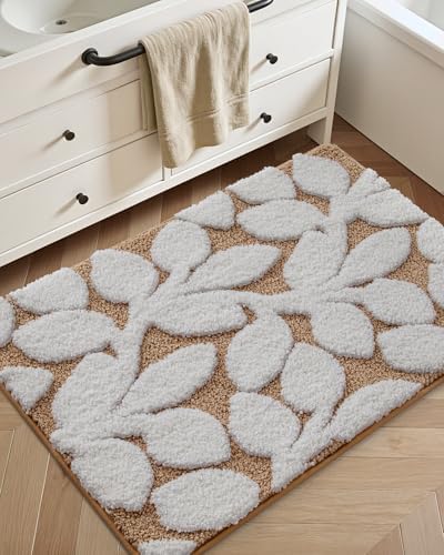 DEXI Bathroom Rugs Non Slip Washable 36x24, Boho White Leaf Bath Mat, Brown