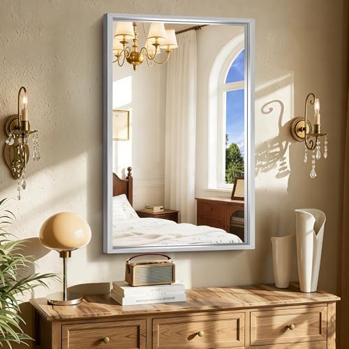 CIRCUMI 24"x40" Brushed Silver Bathroom Mirror, Rectangular Vanity Mirror
