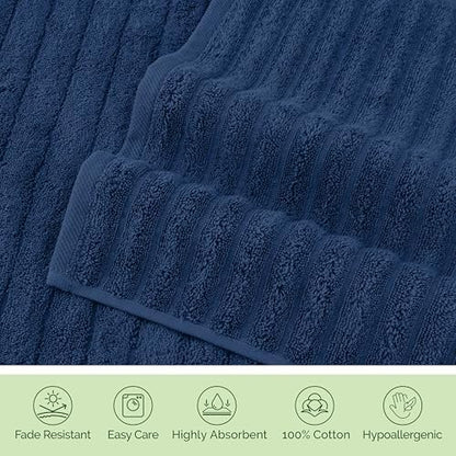 Elegant Comfort Luxury 100% Turkish Cotton Corduroy Ribbed 4 Pack Hand Towel Set 16 x 28 Inch - Absorbent, Super Soft, Quick Dry, Premium Towels for Bathroom, Gym, Spa and Hotel Use, Navy