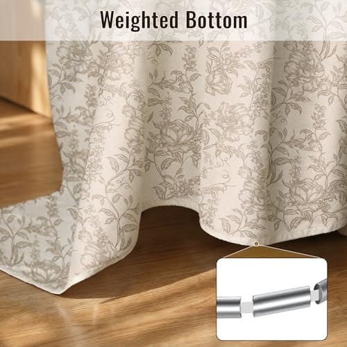 Farmhouse Beige Floral Shower Curtain with 12 Clear Rings 72"W x 72"L