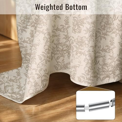 Farmhouse Beige Floral Shower Curtain with 12 Clear Rings 72"W x 72"L