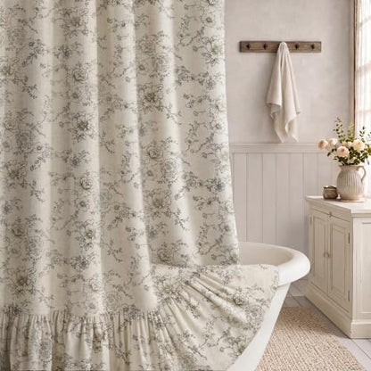 Farmhouse Floral Shower Curtain with Ruffle Hem for Bathroom