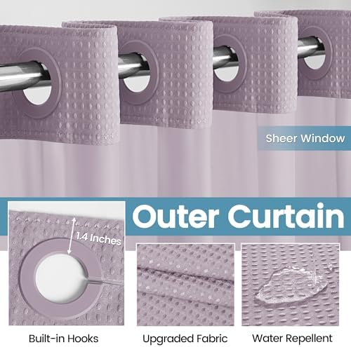 EUTXL Heavyweight Waffle No Hook Shower Curtain with Liner, Lavender, 71x74